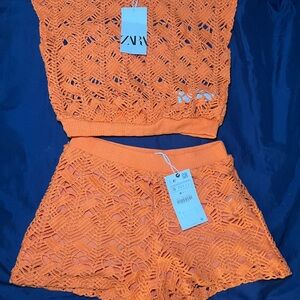 Zara Orange Crochet Top and Shorts Set